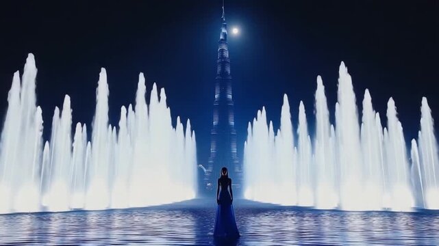 A mesmerizing nighttime display of illuminated fountains against the backdrop of a tall skyscraper under a moonlit sky.