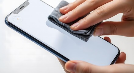 Person holding cell phone with cloth back phone and cleaning it with.
