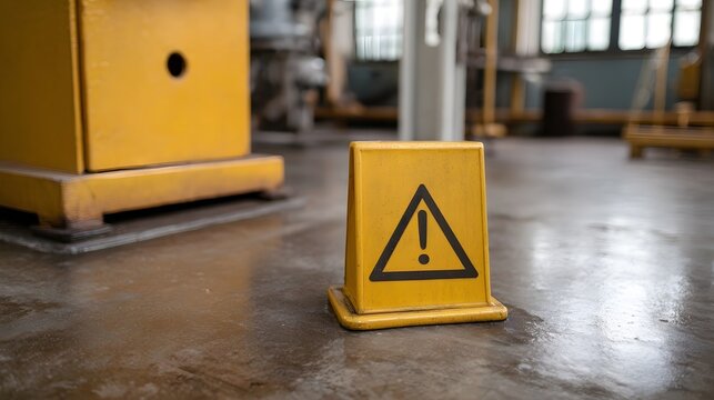 Yellow caution sign warns of slippery floor in industrial setting with hinery