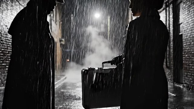 Two silhouettes exchanging briefcase in dark rainy alley