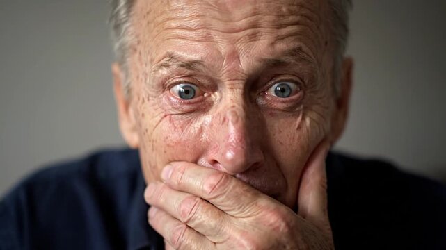 Close-up portrait of an elderly man with wide eyes covering his mouth in shock or surprise