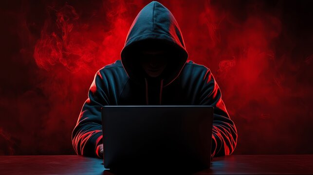 A hooded figure sits in a dark room with a laptop surrounded by red smoke and light.