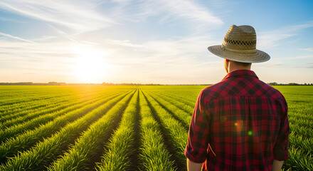 Fototapeta premium A farmer in a plaid shirt gazes across his vibrant green field at sunset.