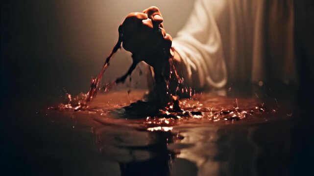 Moses' hand touching the blood-red water is a reference to the biblical Ten Plagues of Egypt, the bloody punishment that was the first plague of the Egyptians sent by God.