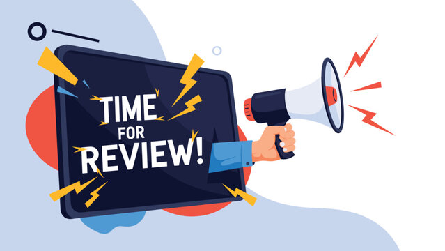 Time for review message with a hand holding a megaphone emerging from a tablet screen to grab user attention.