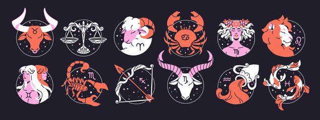 12 zodiac signs in outline circles set. Avatars of horoscope symbols. Months of birth in astrology: aries, taurus, gemini, leo, libra, scorpio, capricorn, pisces. Flat isolated vector illustration © Paper Trident