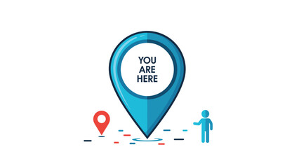 Fototapeta premium Navigation concept illustration featuring a large blue location map pin with the message you are here at the center.