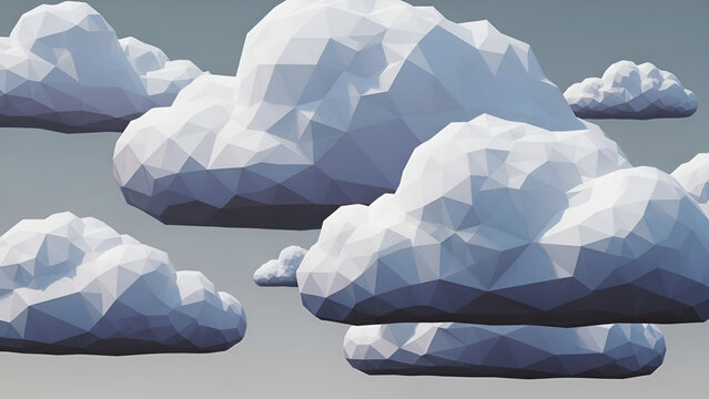 Low poly styled fluffy white clouds against gray background