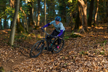 Fototapeta premium Mountain Biker Navigates Leaf-Litter Trail Through Dense Forest In Autumn Light