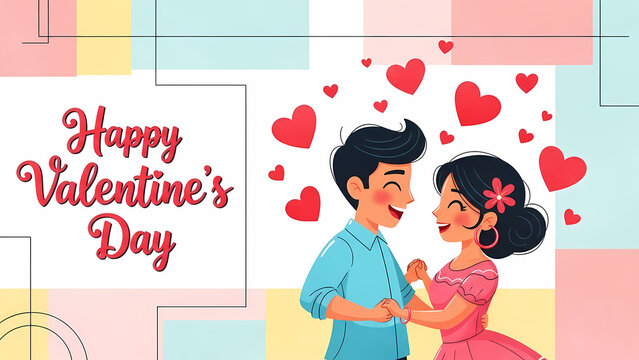 Happy Valentine's Day Illustration of a Romantic Couple Dancing with Red Hearts