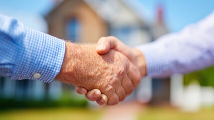 Two people shake hands outside a house during a sunny day meeting