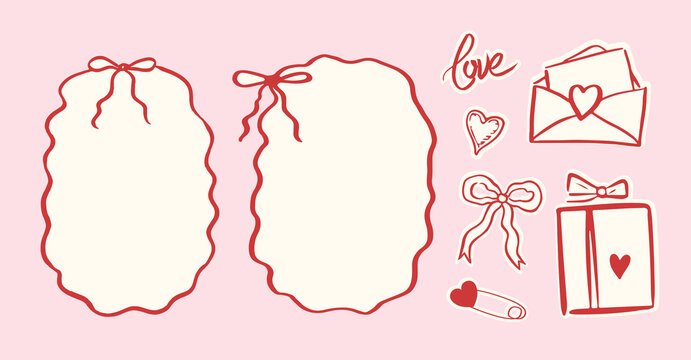 Set of hand drawn coquette frames for Valentines day, wedding invitation, birthday card, illustration in sketch style.