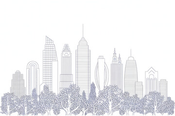 Fototapeta premium Outline illustration of a modern city skyline with trees in the foreground, clean urban design.