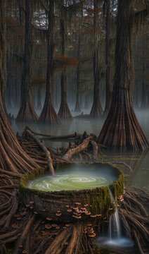 Mystical Swamp Forest with Wooden Pool