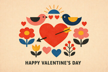 Retro Valentine Heart Birds And Flowers Design
