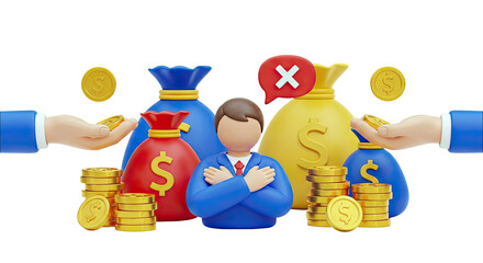 Business Man with Money Bags and Coins