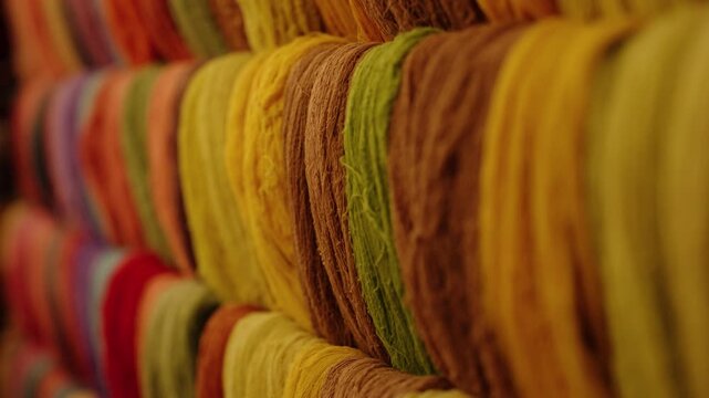 Close up of dyed yarn bundles used in Guatemalan textile weaving