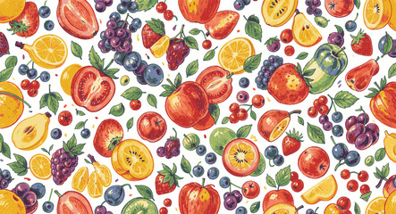 Majestic fruit wreath/circle pattern with beautiful pomegranate centerpiece, surrounded by dragon fruits, citrus slices, strawberries, pineapples, figs and many colorful tropical fruits
