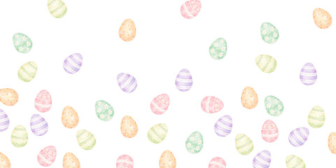 Watercolor Easter eggs seamless pattern with pastel decorated eggs scattered on transparent background, perfect for Easter cards, wrapping paper, spring textiles and festive designs