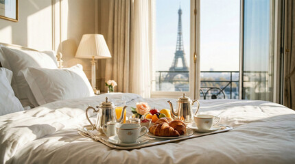 Romantic Parisian Breakfast in Luxury Bedroom with Eiffel Tower View  © galam