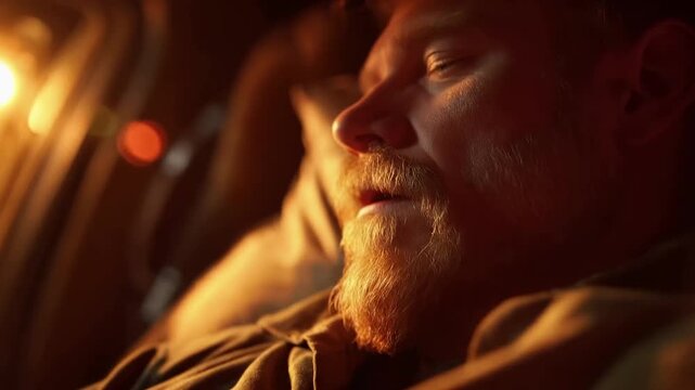 A truck driver rests in the cozy sleeper cabin of a truck during a night delivery route surrounded by soft ambi 10002c4b 2