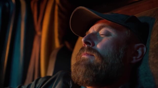 A truck driver rests in the cozy sleeper cabin of a truck during a night delivery route surrounded by soft ambi 10002c4b 3