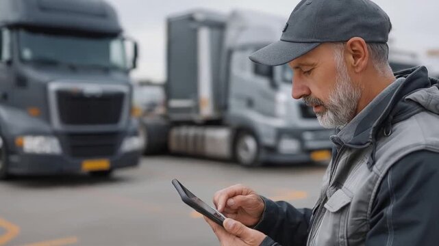 A truck driver stands in a parking lot reviewing a digital manifest on a tablet captured from an over the shoul