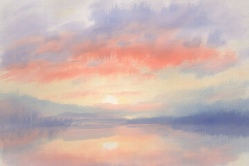 Obraz premium Soft watercolor sunset over a tranquil lake, pastel pink, orange, and purple sky, peaceful landscape