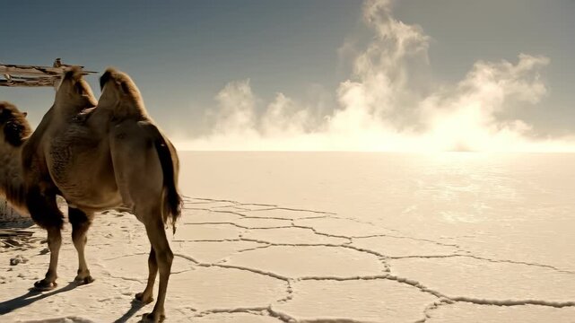Camel Standing in Desert Landscape with Wooden Structure.