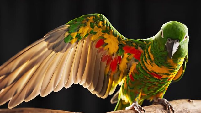 Colorful Parrot Spreading Wings on a Wooden Branch.