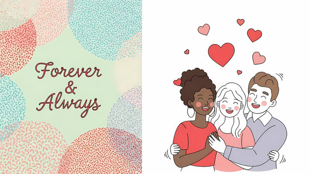 Forever and Always Illustration of Happy Friends or Family Hugging with Red Hearts