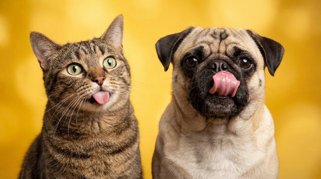 Brown tabby cat and pug dog sticking tongues out on yellow background cute animals being silly together
