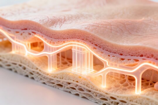 Futuristic medical visualization of glowing skin layers as architectural forms, illustrating balance and regeneration