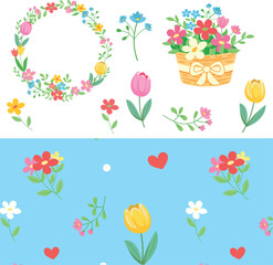 Cute Spring Floral Collection &ndash; Wreath, Flower Basket, Tulips, Seamless Pattern, Flat Vector Clipart Set