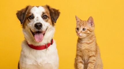 Obraz premium Friendly dog and curious cat posing together on yellow background pets smiling and looking at camera animal friendship and companionship concept