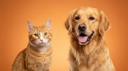 Obraz premium Friendly orange cat and golden retriever sitting together in studio with warm background