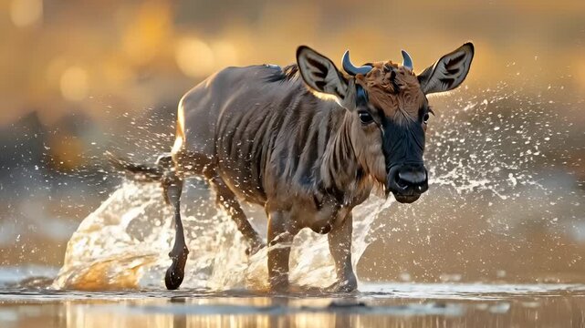 Wildebeest Runs Through Water, Splashing, in Golden Light.