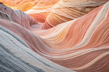 Obraz premium A layered abstract background with flowing, wavy shapes in shades of peach, pink, gray, and white, suggesting movement and depth