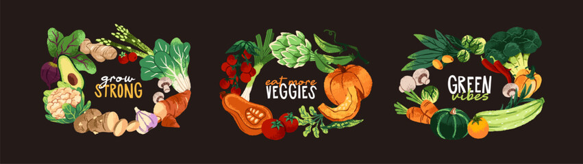 Fototapeta premium Set of wreaths of different vegetables with place for text. Designs of borders from various agriculture crops. Farm harvest of organic veggies in circle shape. Flat isolated vector illustrations