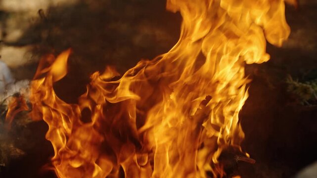 Swirling flames rise from sacred fire during Mayan ceremony