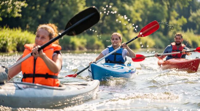 Kayaking with friends on a river in summer sunlight enjoying nature and water activity together