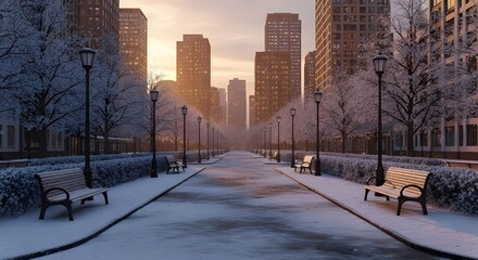 City park covered with fresh snow during warm sunset.