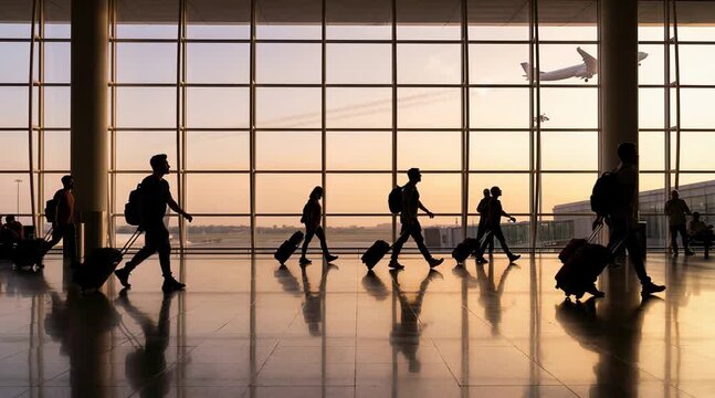 Travelers move through an airport terminal at sunset with planes taking off in the background