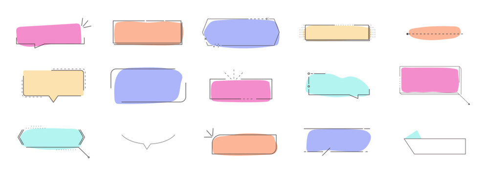 Text box callout set. Text frame, border. Line simple set color empty template for title, divider line design element. Banner, comic ribbon label element.