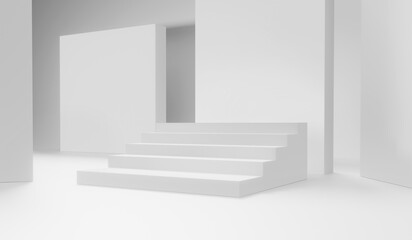 A modern staircase in an abstract white room space.