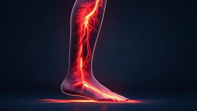 Animation shows blood moving through veins in the leg with bright red color against a dark background
