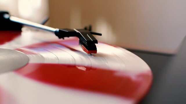 Close-up of the needle of an old record player playing a vinyl record on a turntable, retro aesthetic, warm lighting.