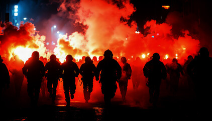 Police in riot clothes and helmet in action in urban environment at night.