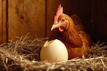 A chicken is laying on a nest with an egg in it