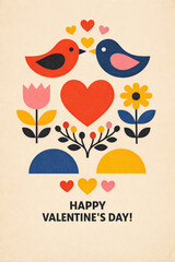 Retro Folk Heart and Bird Design